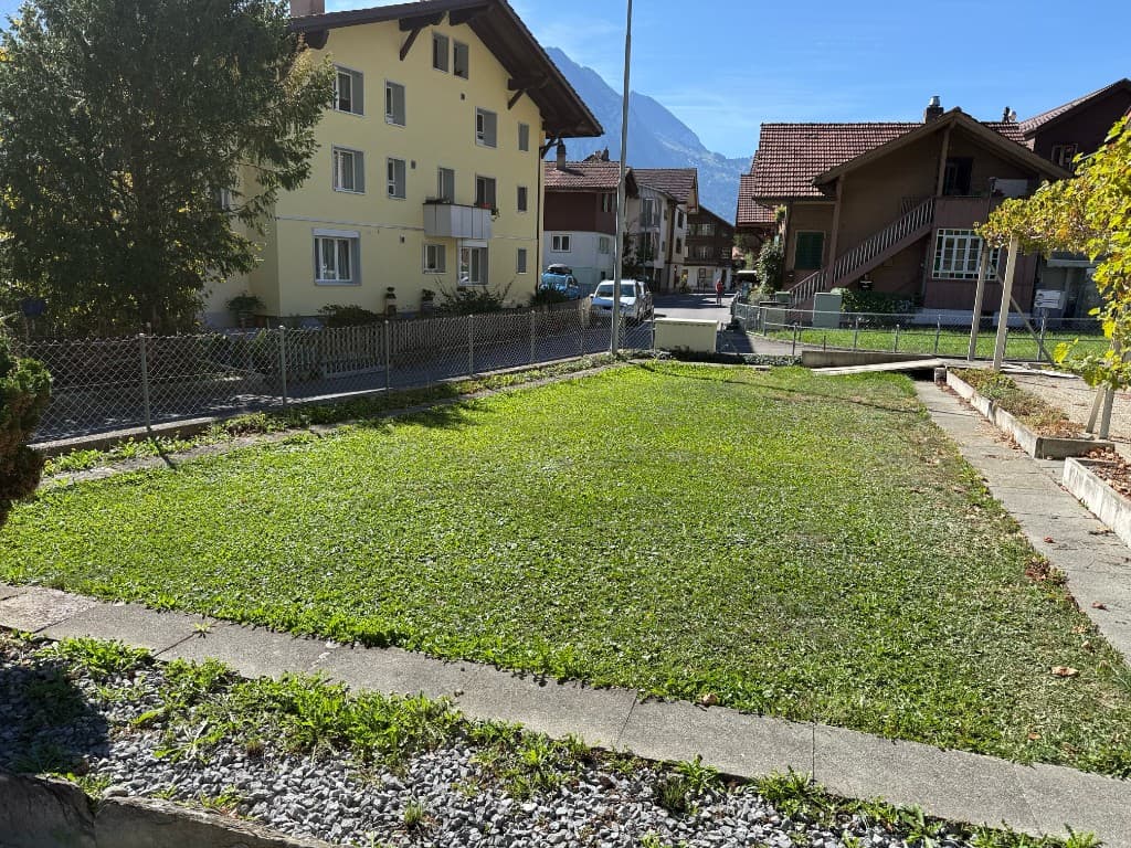 Garten vor dem Haus, mit Rasen und Blick zur Strasse