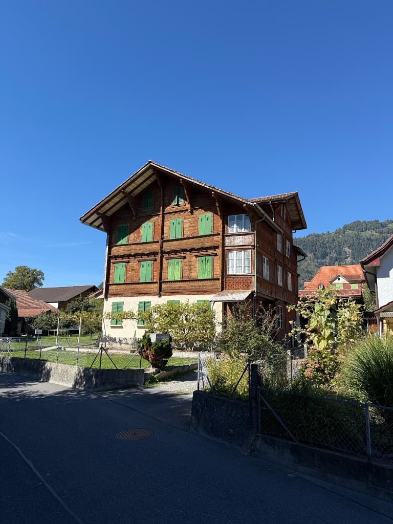 Das Holzhaus an der Freihofstrasse 18 von der Strasse aus, mit Garten und bewaldetem Hang
